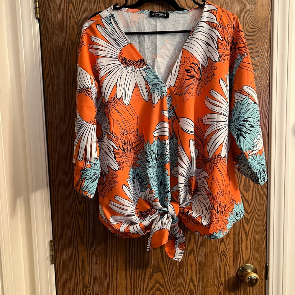 Zara Orange Tie Front Blouse with 3/4 Sleeves